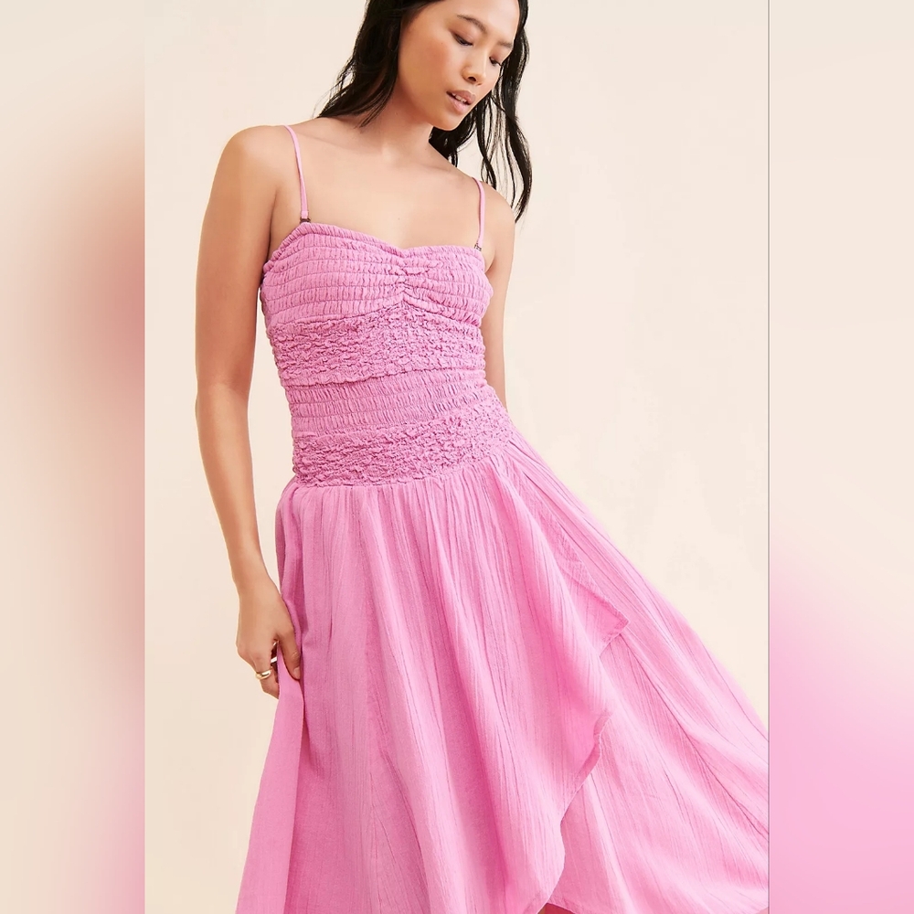 Free People Sparkling drop Waist Moment Midi- Elegant Pink Smocked Women's Dress